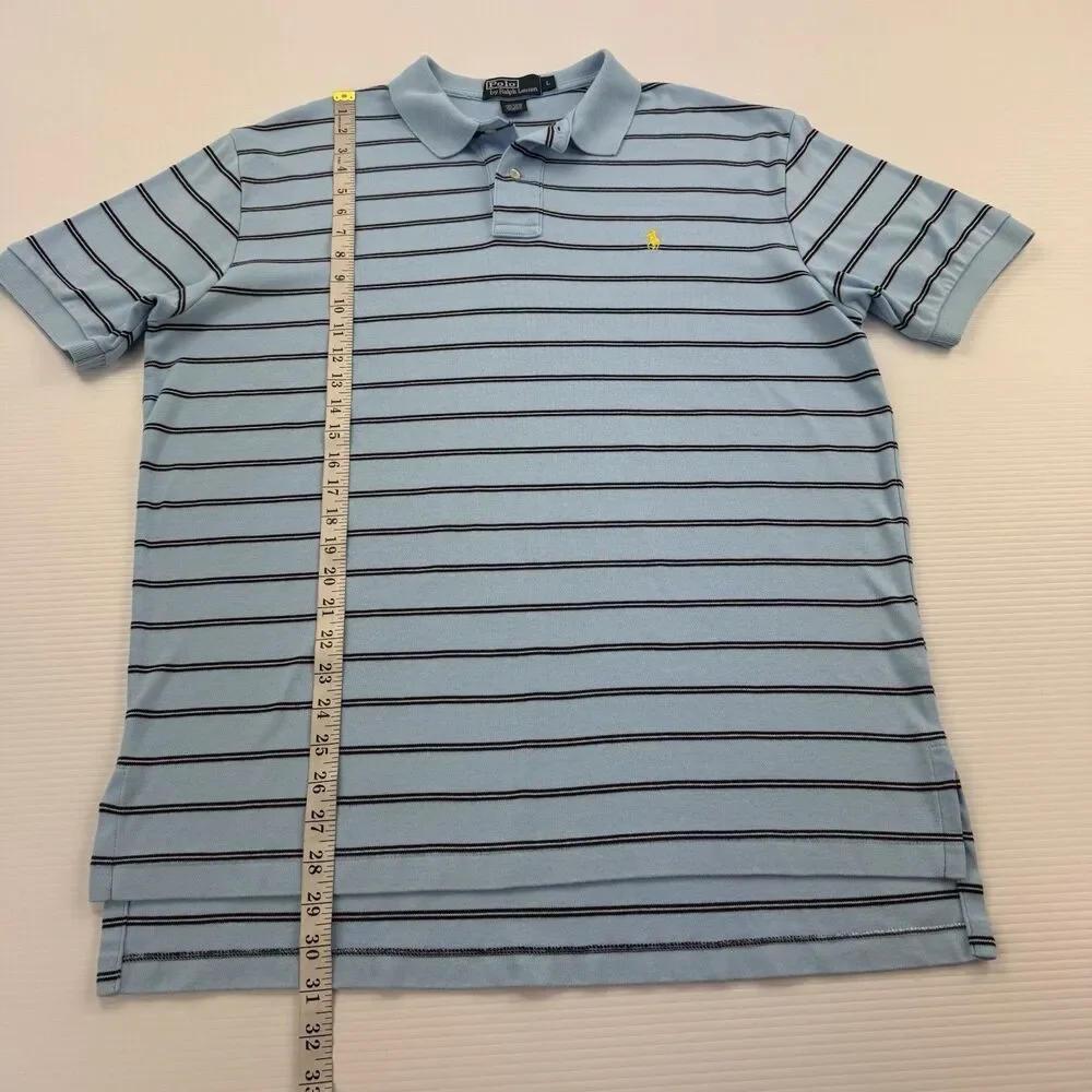 Polo Ralph Lauren Mens L Blue Striped Polo Shirt Yellow Pony Short Sleeve